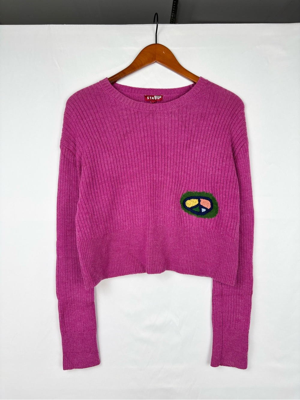 Staud‎ Keith Sweater Peace Crop Pink Size S Wool Blend Knit Crew Embroidered